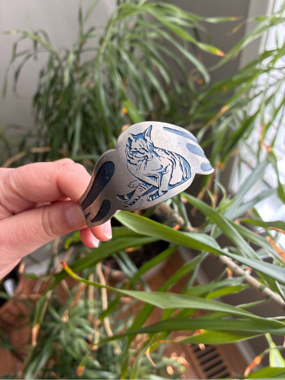 Engraved Cat Pewter Cuff with Navy Accents